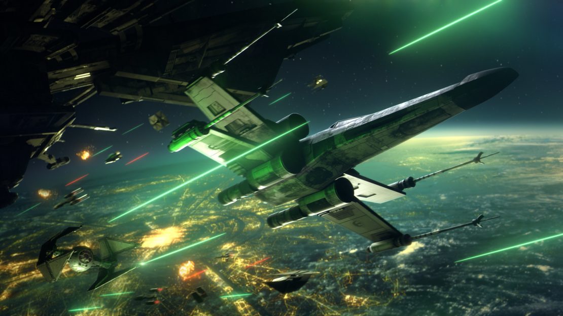 Bild eines Raumkampfes zwischen einem TIE-Fighter und X-Wings aus Star Wars: Squadrons welches aktuell kostenlos zu haben ist.